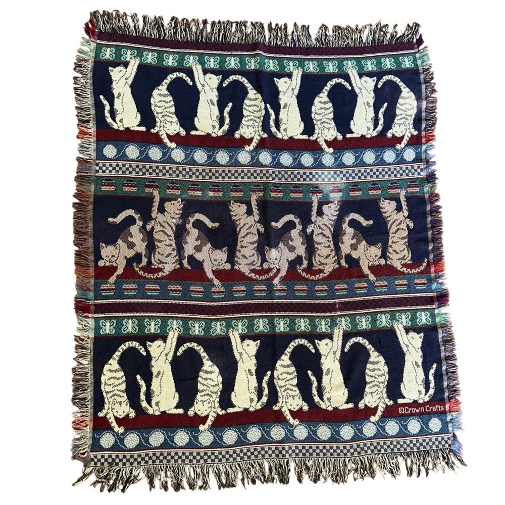 Vintage Woven Cats Tapestry Throw Blanket Crown Crafts Fringed Yarn Cute
